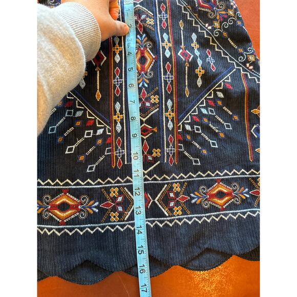 Blue Rain Navy Corduroy Mini Skirt S NWT Scallop Hem Embroidered Geometric - Picture 4 of 6